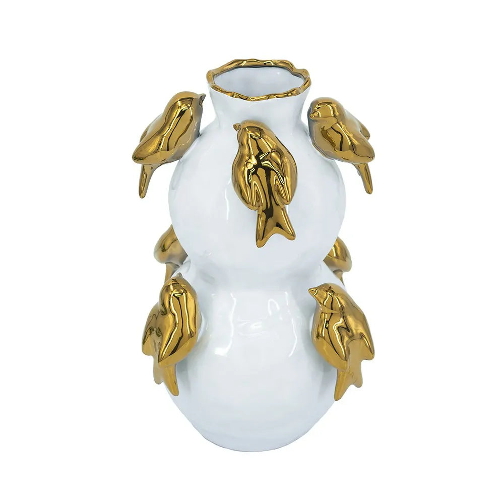 White Two Tier Ceramic Vase with Gold Bird Accents 14 Inch Home Deco