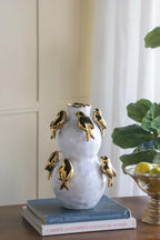 White Two Tier Ceramic Vase with Gold Bird Accents 14 Inch Home Deco