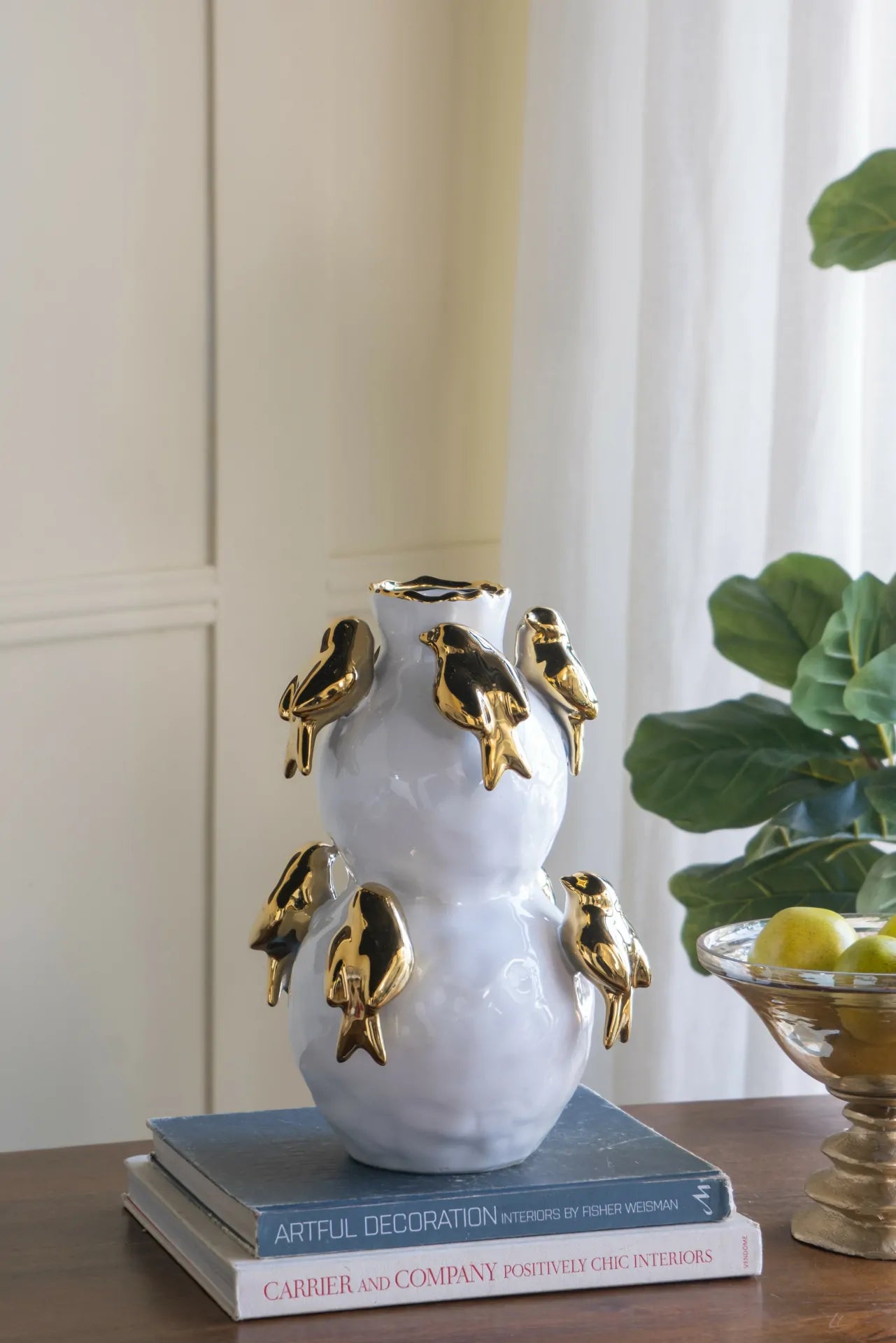 White Two Tier Ceramic Vase with Gold Bird Accents 14 Inch Home Deco
