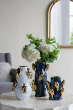 White Two Tier Ceramic Vase with Gold Bird Accents 14 Inch Home Deco