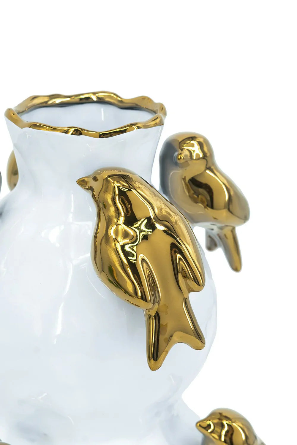 White Two Tier Ceramic Vase with Gold Bird Accents 14 Inch Home Deco