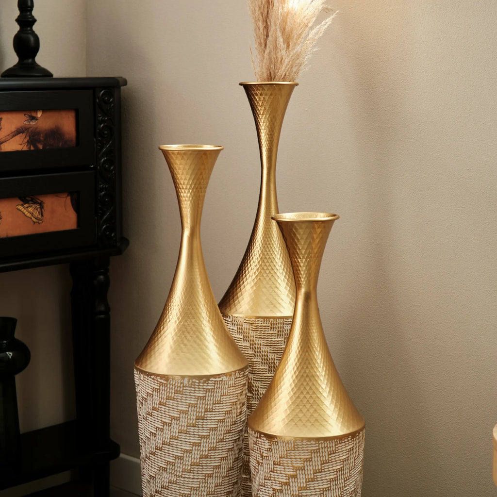 Woven Metal Floor Vase Set of 3,Modern Home Decor with Golden Accents