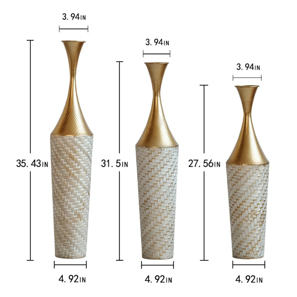 Woven Metal Floor Vase Set of 3,Modern Home Decor with Golden Accents