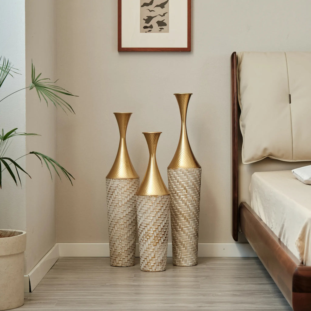 Woven Metal Floor Vase Set of 3,Modern Home Decor with Golden Accents