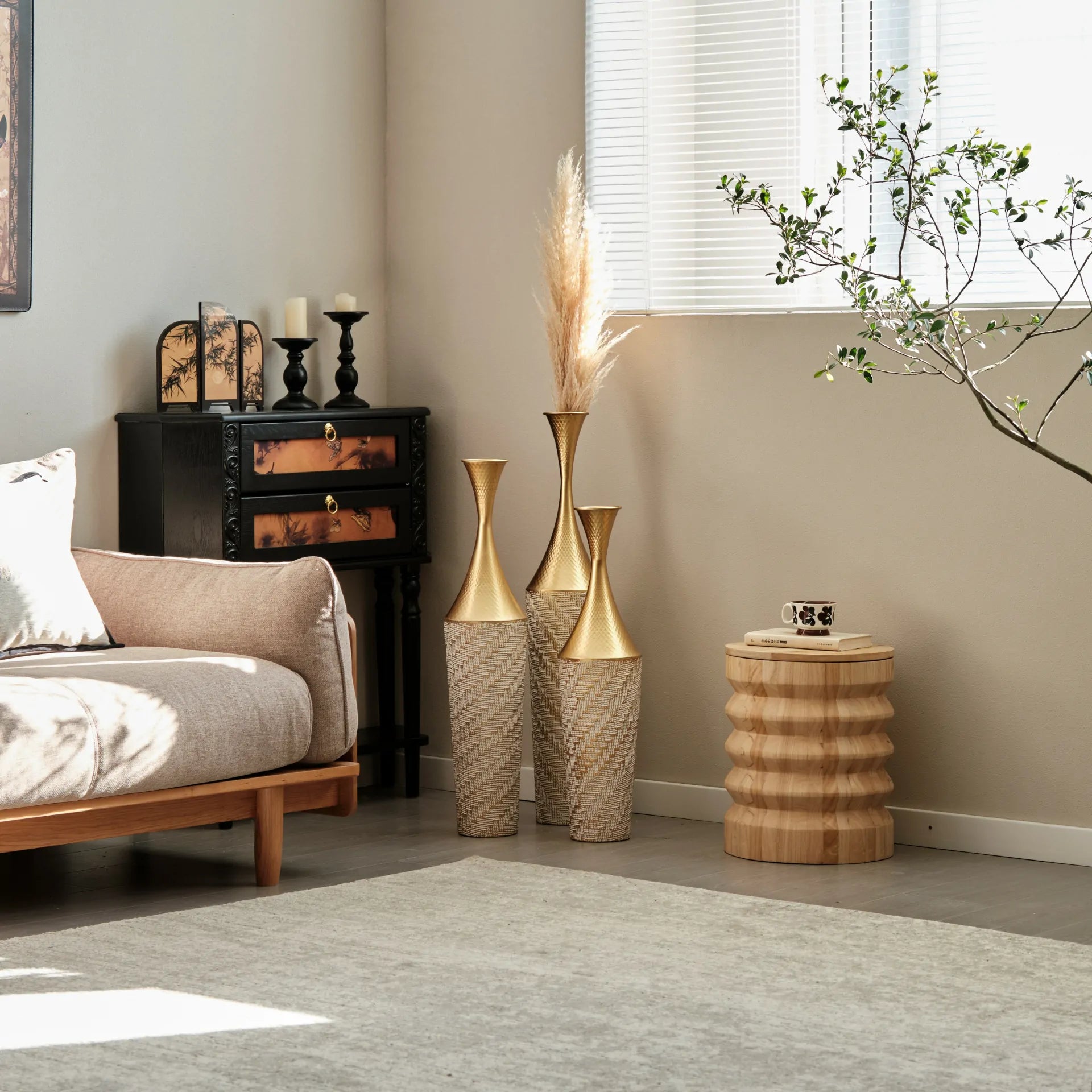 Woven Metal Floor Vase Set of 3,Modern Home Decor with Golden Accents