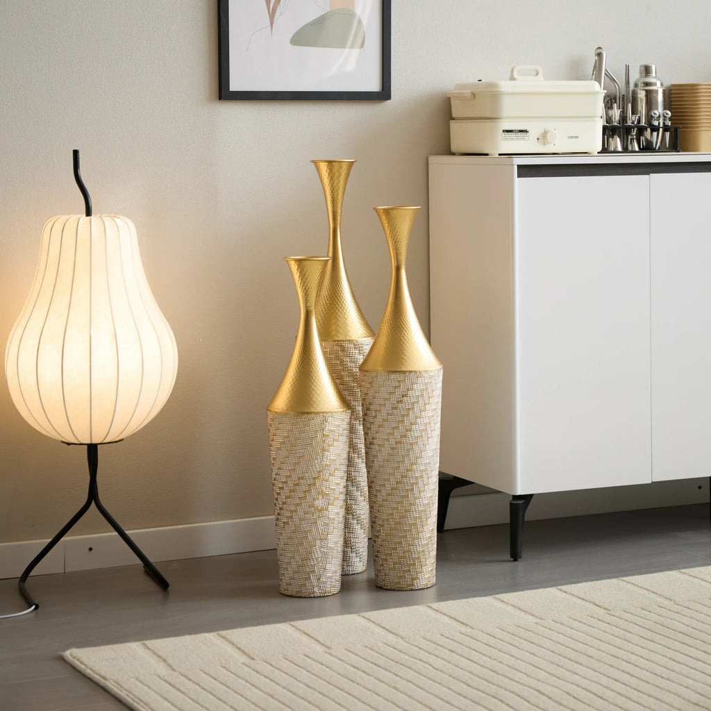 Woven Metal Floor Vase Set of 3,Modern Home Decor with Golden Accents