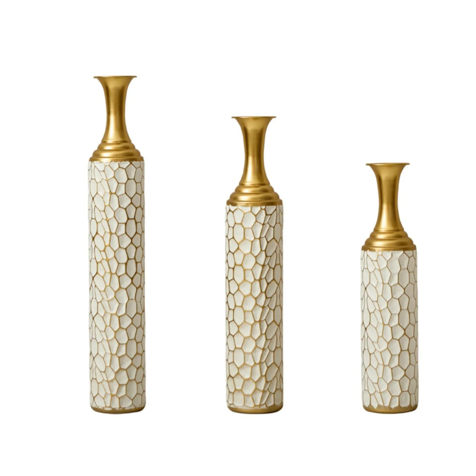 White Textured Metal Floor Vase Set of 3 Modern Home Decor with Golden Accents