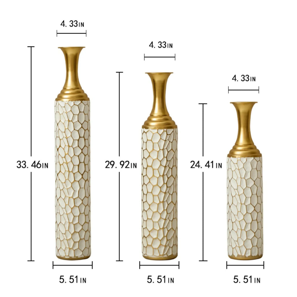 White Textured Metal Floor Vase Set of 3 Modern Home Decor with Golden Accents