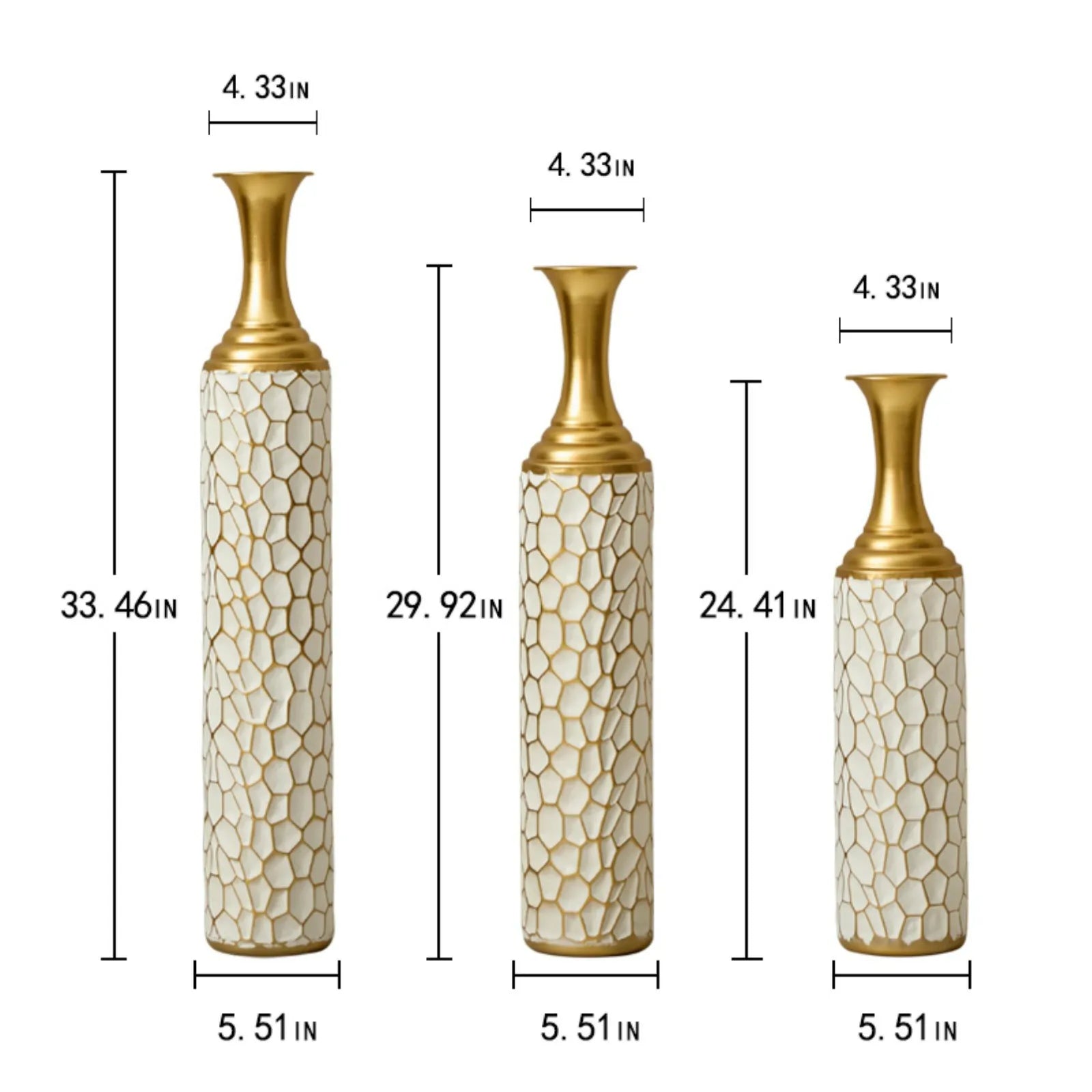 White Textured Metal Floor Vase Set of 3 Modern Home Decor with Golden Accents