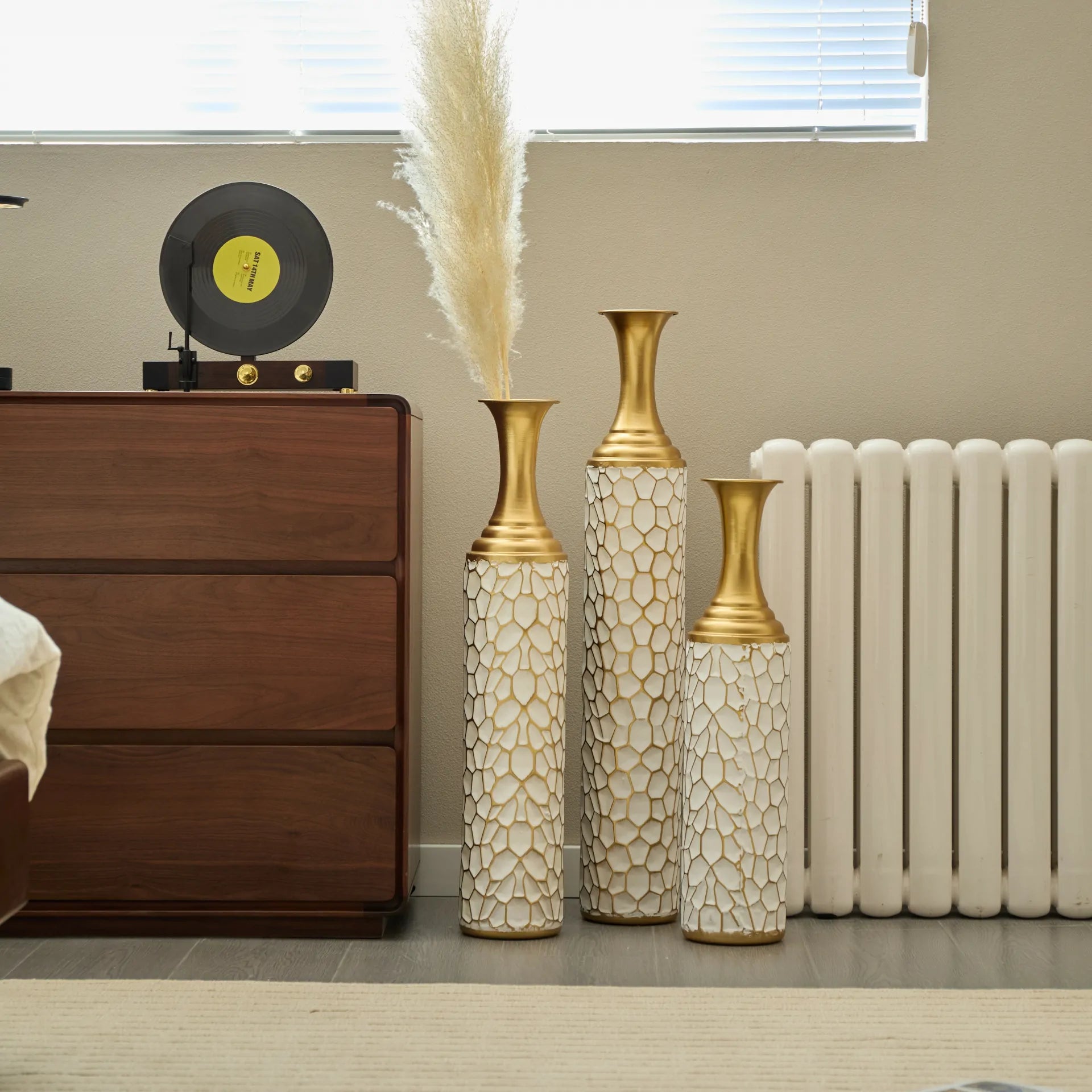 White Textured Metal Floor Vase Set of 3 Modern Home Decor with Golden Accents