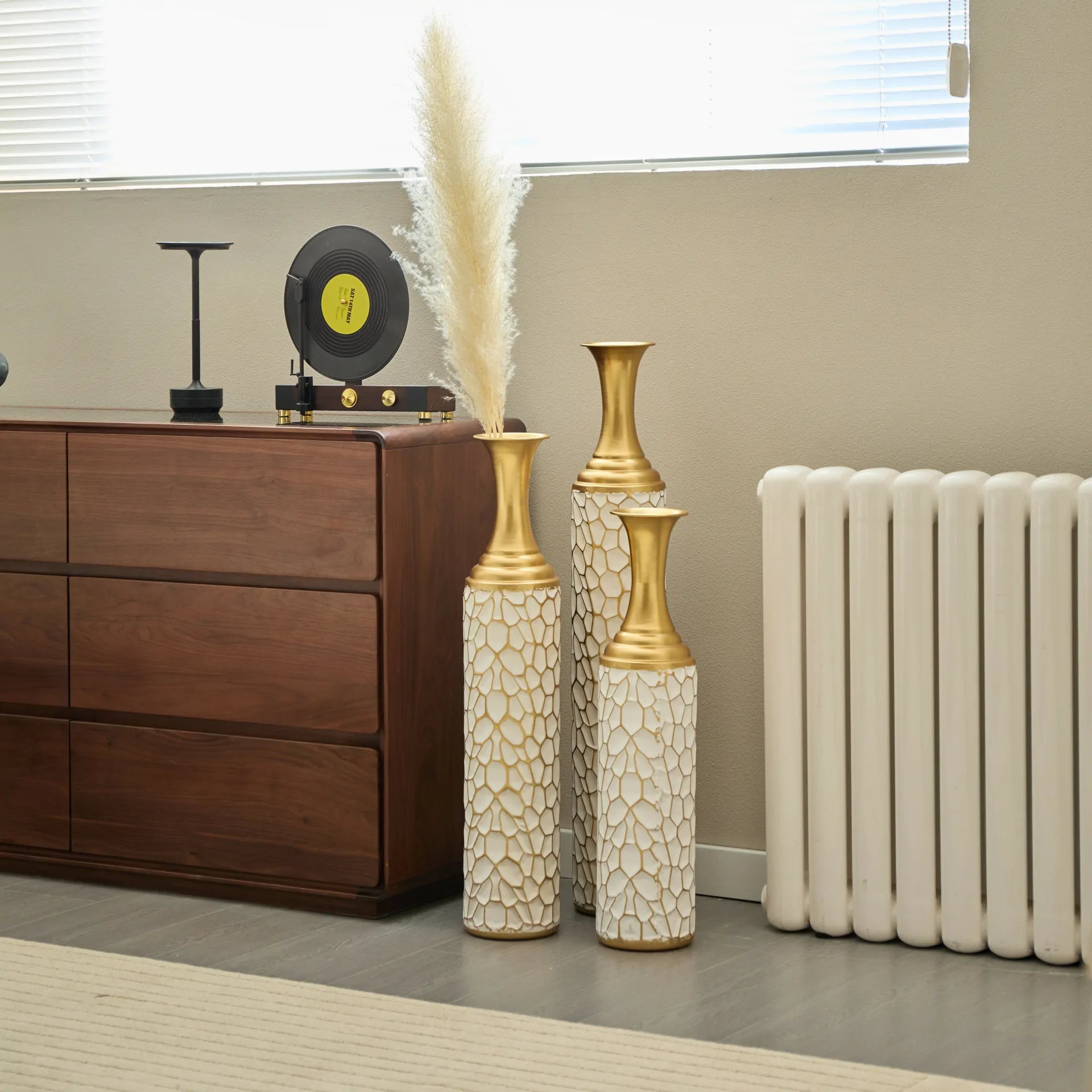 White Textured Metal Floor Vase Set of 3 Modern Home Decor with Golden Accents