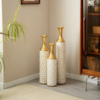 White Textured Metal Floor Vase Set of 3 Modern Home Decor with Golden Accents